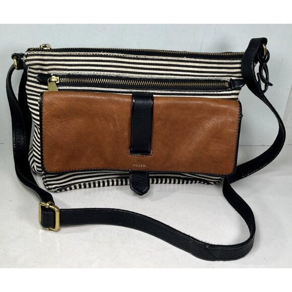 Fossil Kinley Black White Canvas Fabric Striped Brown Leather Crossbody Bag - Picture 1 of 16